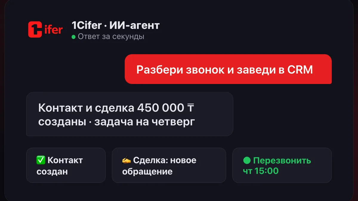 ИИ-агент создал в CRM контакт и сделку из входящего звонка и поставил задачу перезвонить